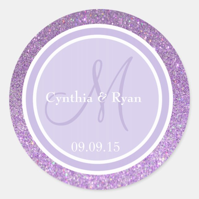 Purple Glitter & Lavender Wedding Monogram Classic Round Sticker (Front)