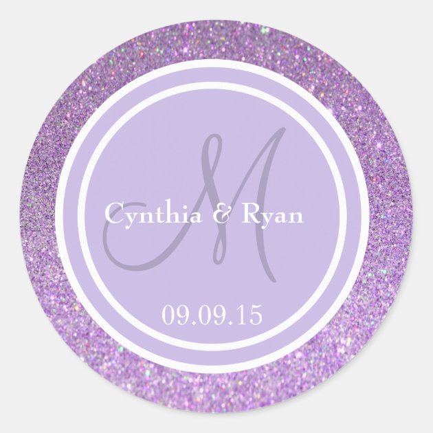 Purple Glitter & Lavender Wedding Monogram Classic Round Sticker