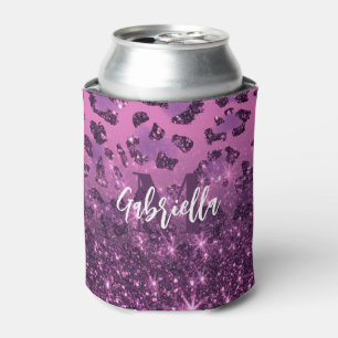 Purple Glitter Leopard Print Can Cooler