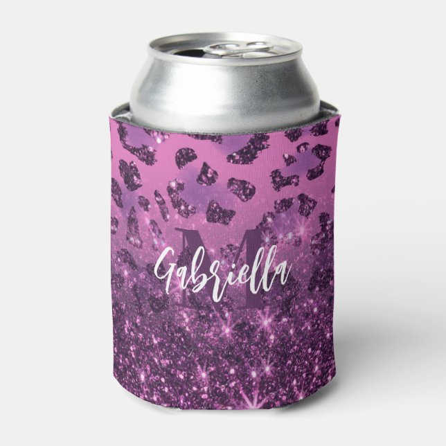 Purple Glitter Leopard Print Can Cooler (Can Front)