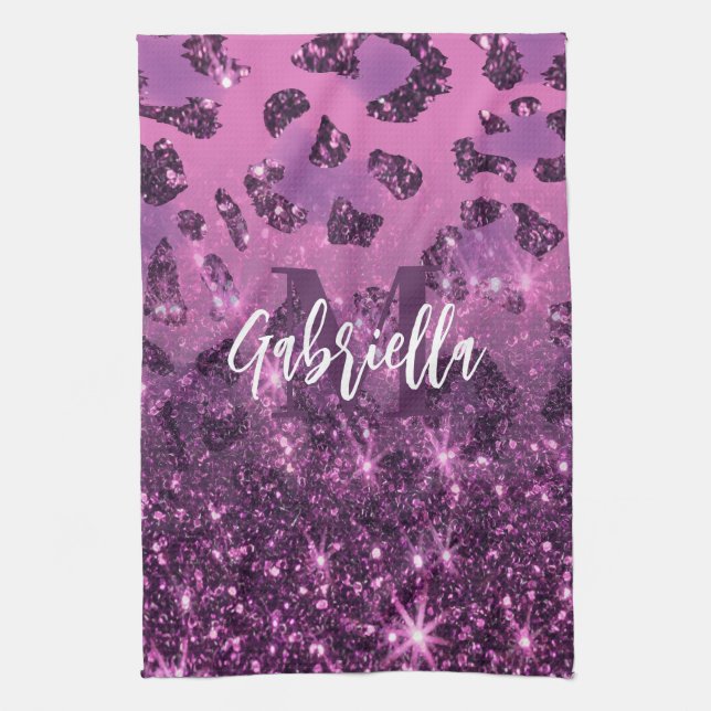 Purple Glitter Leopard Print Kitchen Towel (Vertical)