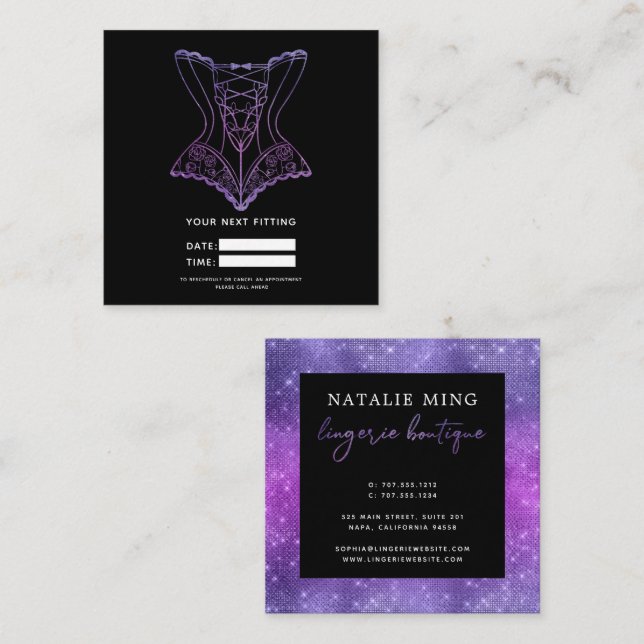 Purple Glitter Lingerie Boutique Next Fitting  Appointment Card (Front/Back)