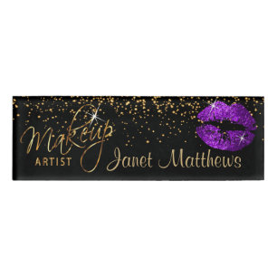Purple Glitter Lips and Elegant Gold Name Tag