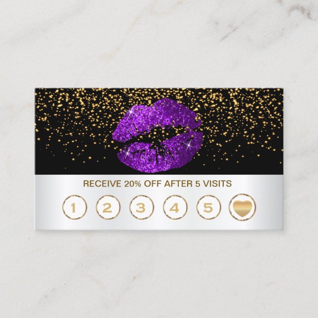 Purple Glitter Lips Loyalty Cards on Black & White (Front)