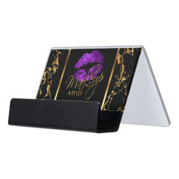 Purple Glitter Lips on Gold &amp; Black Marble Desk Business Card Holder