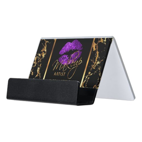 Purple Glitter Lips on Gold  Black Marble Desk Business Card Holder