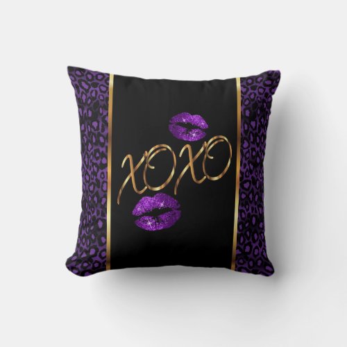 Purple Glitter Lips XOXO _ Leopard Throw Pillow