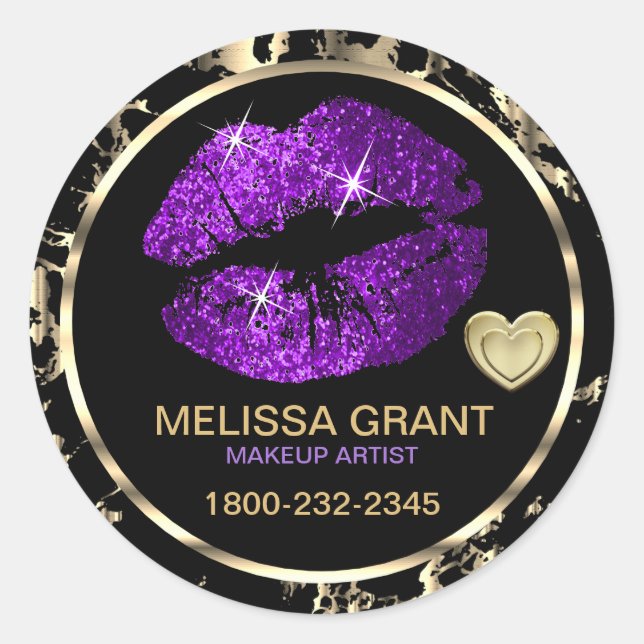 Purple Glitter Lipstick - Marble Classic Round Sticker (Front)