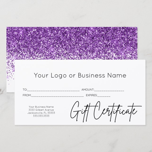Purple Glitter Logo Business Gift Certificate (Front/Back)