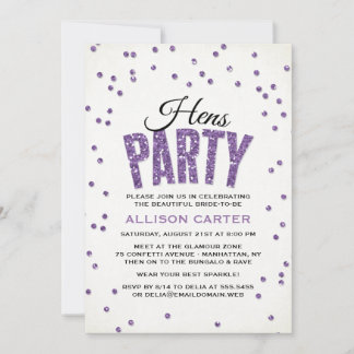 Purple Glitter Look Confetti Hens Party Invitation