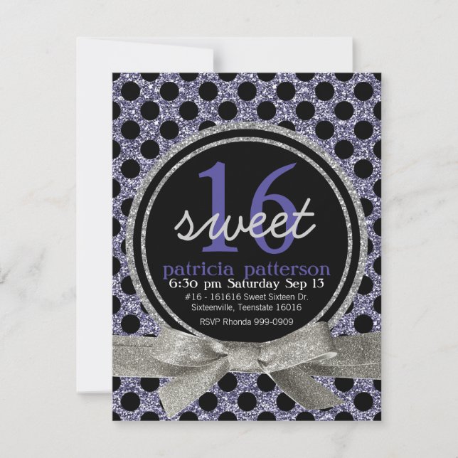 Purple Glitter Look Polka Dot Sweet 16 Party Invitation (Front)