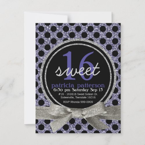 Purple Glitter Look Polka Dot Sweet 16 Party Custom Invitation