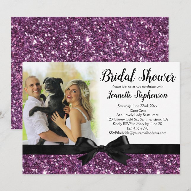 Purple Glitter-look Ribbon Bow Photo Bridal Shower Invitation (Front/Back)