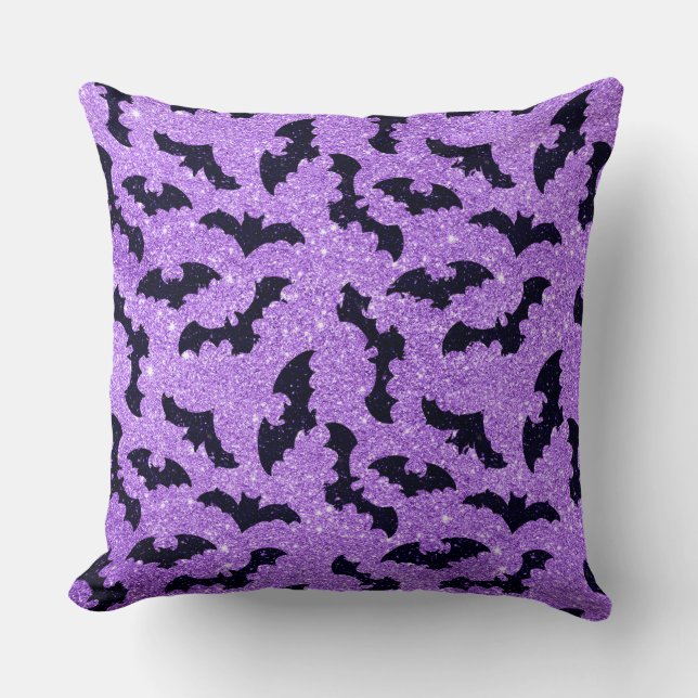 PURPLE GLITTER LOOK WITH BLACK BATS THROW PILLOW (Front)