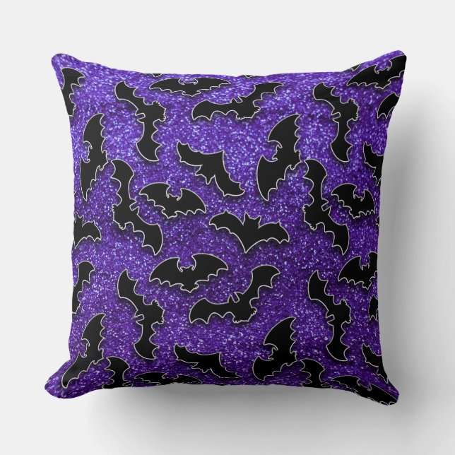 PURPLE GLITTER LOOK WITH BLACK BATS THROW PILLOW (Front)