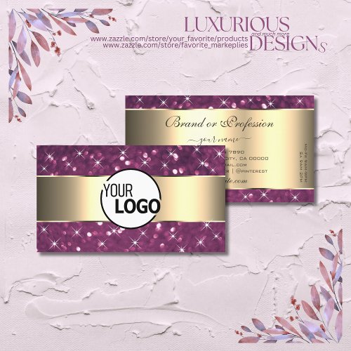 Purple Glitter Luminous Stars Gold Border and Logo Business Card