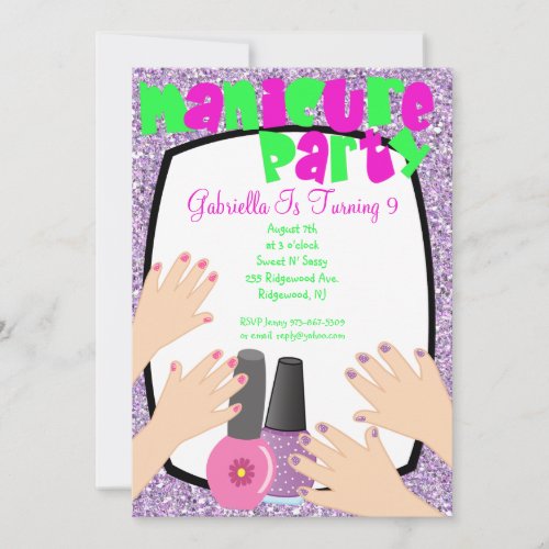 Purple Glitter Manicure Spa Birthday Party Announcements