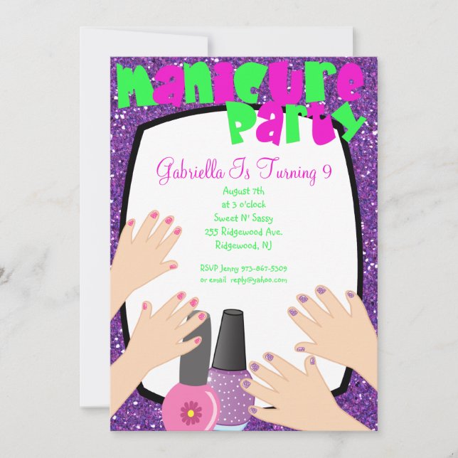 Purple Glitter Manicure Spa Birthday Party Invitation (Front)