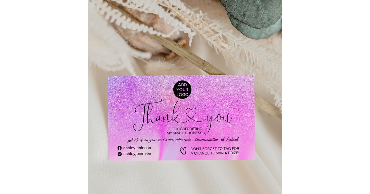 Purple glitter marble logo order thank you business card | Zazzle