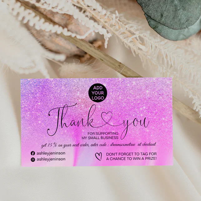 Purple glitter marble logo order thank you business card | Zazzle