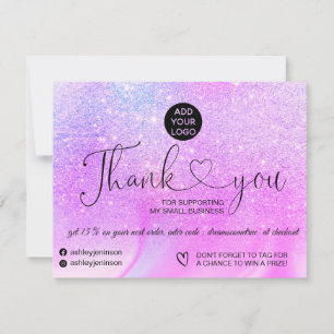 Purple glitter marble logo order thank you card
