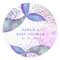 Purple Glitter Mermaid Baby Shower  Classic Round Sticker