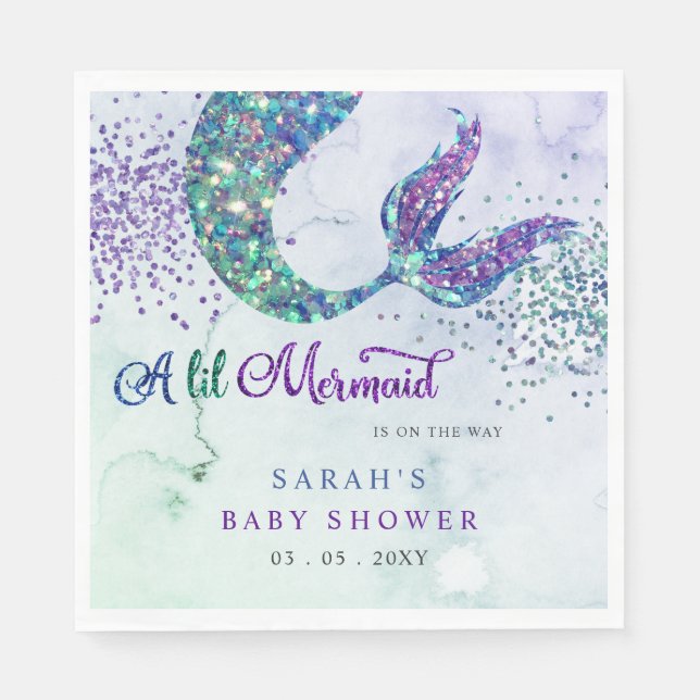 Purple Glitter Mermaid Baby Shower  Napkins (Front)
