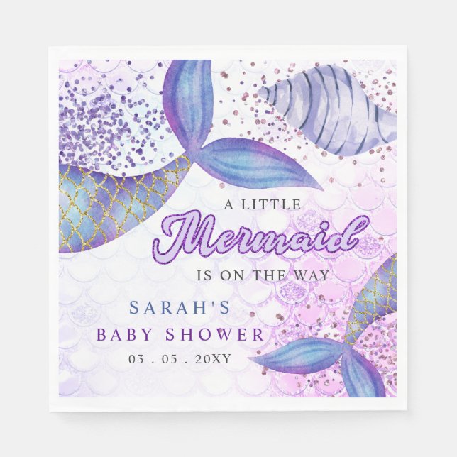 Purple Glitter Mermaid Baby Shower  Napkins (Front)