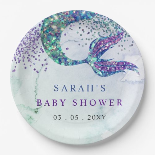 Purple Glitter Mermaid Baby Shower  Paper Plates