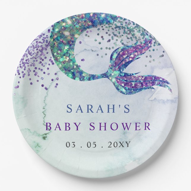 Purple Glitter Mermaid Baby Shower  Paper Plates (Front)