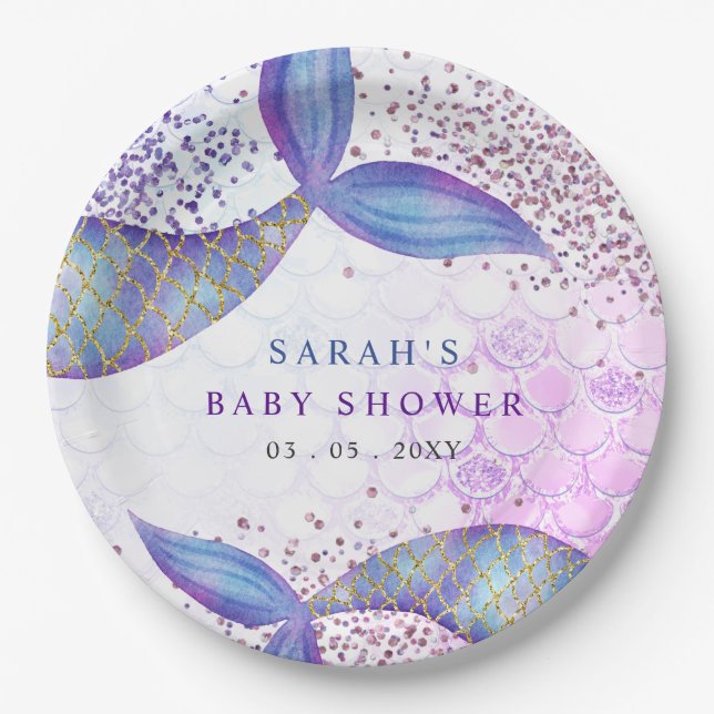 Purple Glitter Mermaid Baby Shower  Paper Plates (Front)