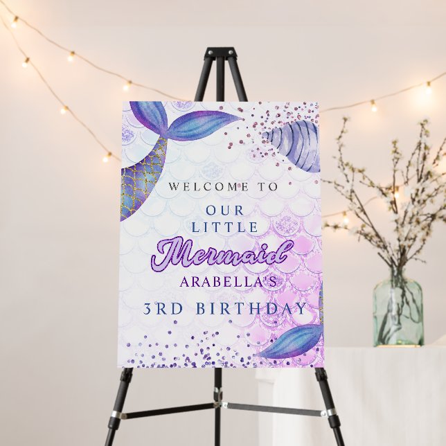 Purple Glitter Mermaid Birthday Welcome Sign (In Situ (Stand))