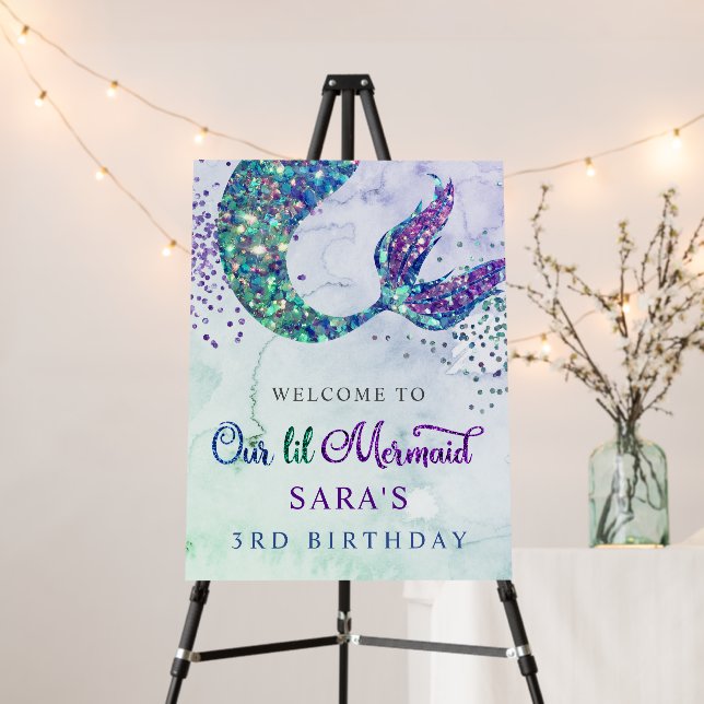Purple Glitter Mermaid Birthday Welcome Sign (In Situ (Stand))