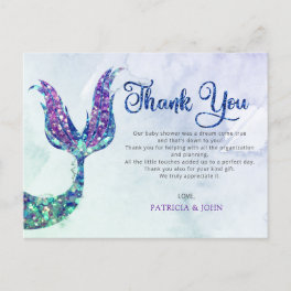 Purple Glitter Mermaid Tail Baby Shower Thank You Postcard