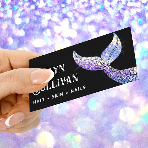 Purple glitter mermaid tail black business card