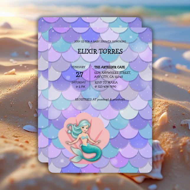 Purple Glitter Mermaid Under the Sea Baby Shower Invitation (Creator Uploaded)