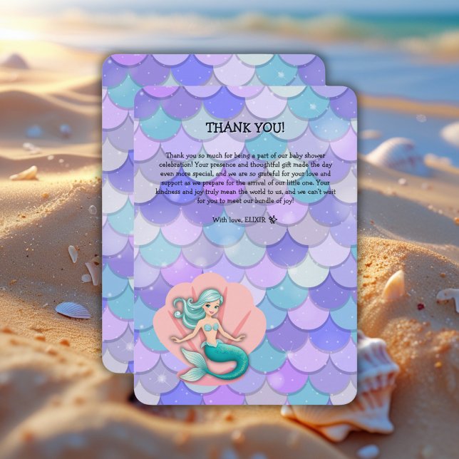 Purple Glitter Mermaid Under the Sea Baby Shower Thank You Card (Creator Uploaded)