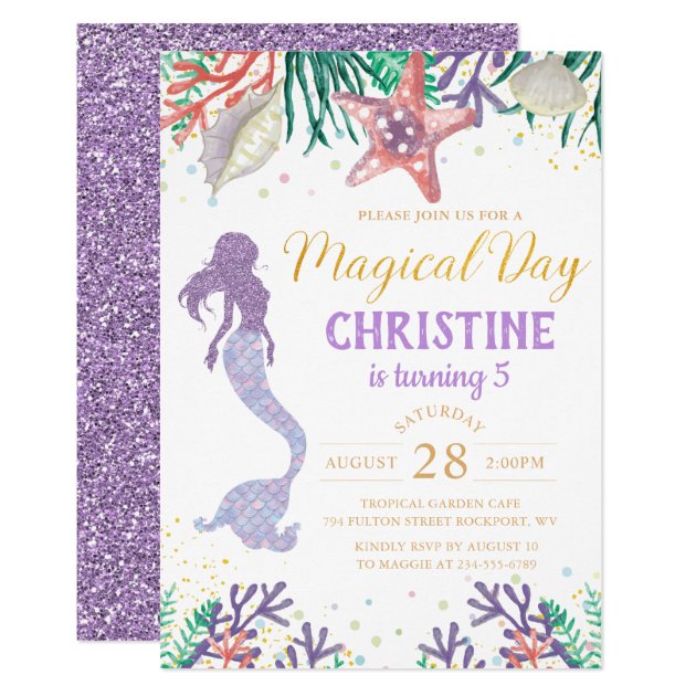 Purple Glitter Mermaid Under The Sea Birthday Invitation