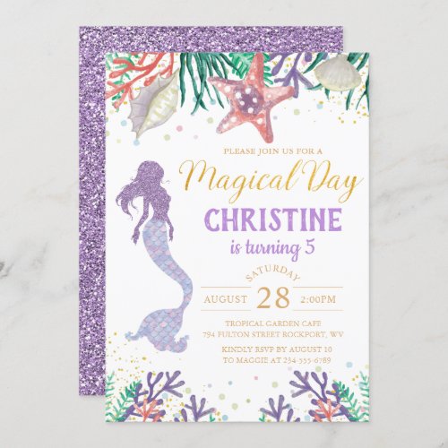 Purple Glitter Mermaid Under The Sea Birthday Invitation