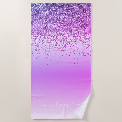 Purple Glitter Metal Monogram Name Beach Towel