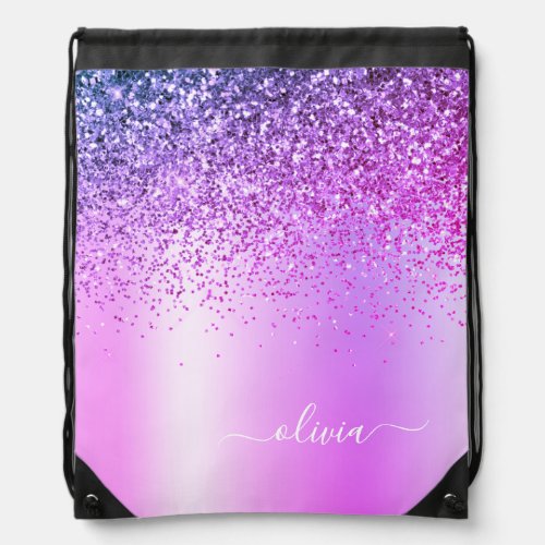 Purple Glitter Metal Monogram Name Girly Drawstring Bag