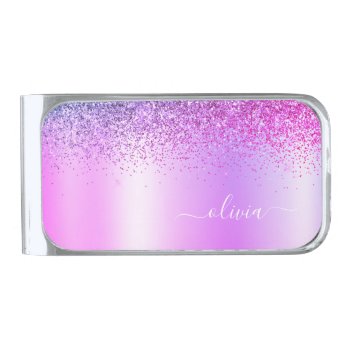 Purple Glitter Metal Monogram Name Girly Silver Finish Money Clip by Hot_Foil_Creations at Zazzle