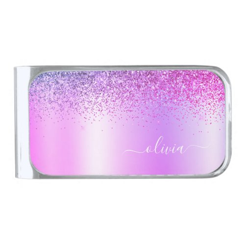 Purple Glitter Metal Monogram Name Girly Silver Finish Money Clip