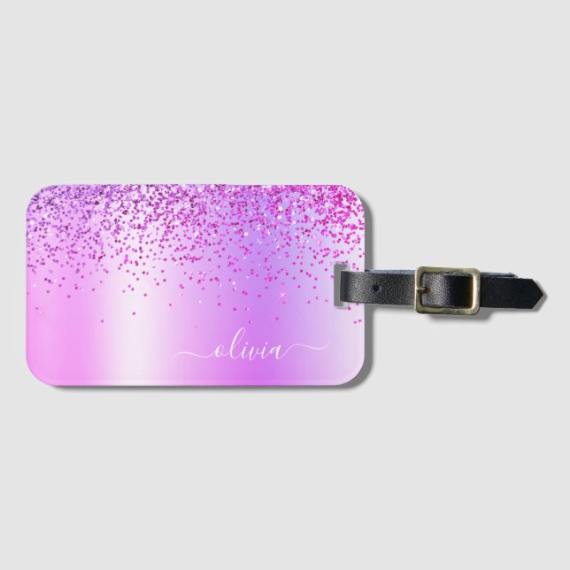 Purple Glitter Metal Monogram Name Luggage Tag (Front Horizontal)