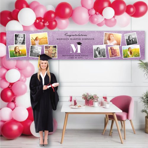 Purple Glitter Monogram 10 Photo Graduation Party Banner