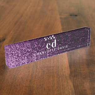 Purple glitter monogram initials luxury desk name plate