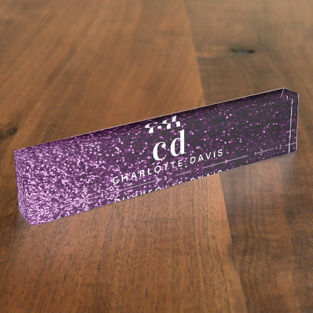 Purple glitter monogram initials luxury desk name plate (Side)