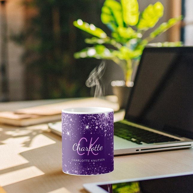 Purple glitter monogram initials name script coffee mug (Creator Uploaded)
