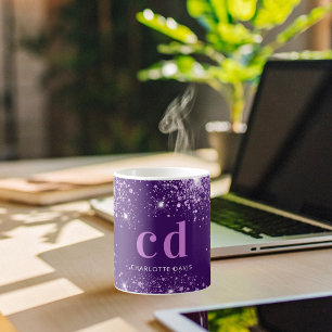 Purple glitter monogram name coffee mug