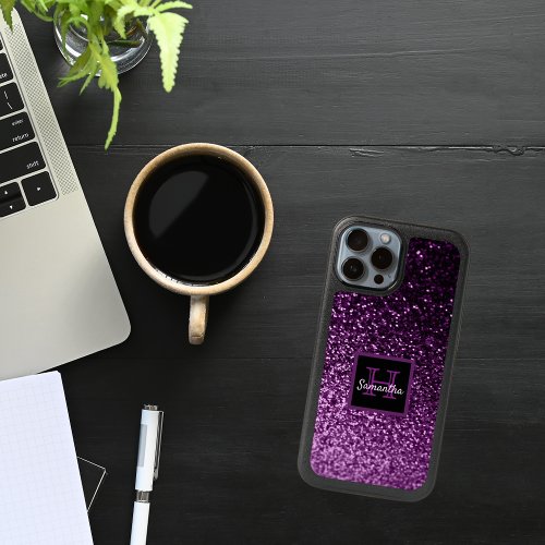 Purple glitter monogram name glamorous iPhone 15 case